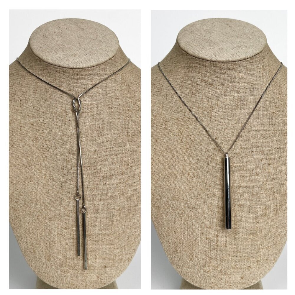 Two Silver Bar Necklaces Bundle Set Long Minimalist Modern Sleek Simple Parisian